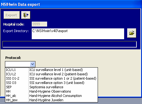 7 Exportinstructies Kies in het Hoofdmenu (blauwe beginscherm) Data export In dit scherm kunnen surveillancegegevens van een welbepaalde periode worden geexporteerd naar het DBF bestandformaat,