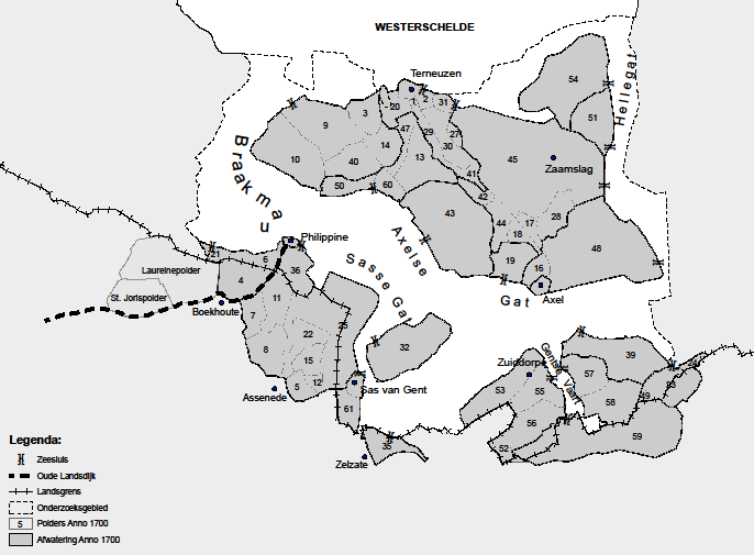 Figuur 26 Reconstructie van de afwateringsmogelijkheden in 1700. Het schotplichtig gebied daarvan was in feite te klein om de aanleg en het onderhoud van een dure zeesluis te kunnen bekostigen.