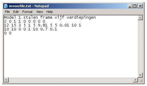 Figuur A1: invoerfile regel 1t/m5 Invoer knoopgegevens Na de invoer van de algemene gegevens moeten de eigenschappen van het model worden ingevoerd.