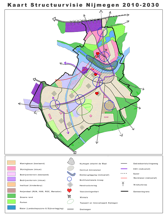 In de Structuurvisie worden de ambities van Nijmegen uitgewerkt voor de beleidsvelden: wonen, economie, maatschappelijk beleid, bereikbaarheid en parkeren, groen en water, milieu, beeldkwaliteit,