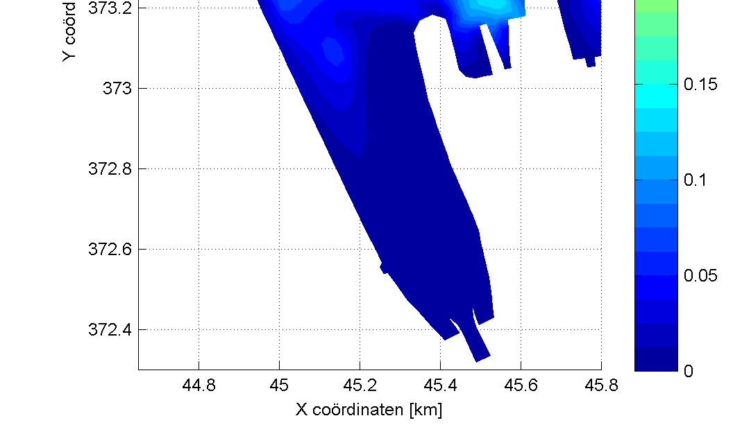 A B C Figuur 8-9 Aanslibbing (in m) na één maand simulatie.