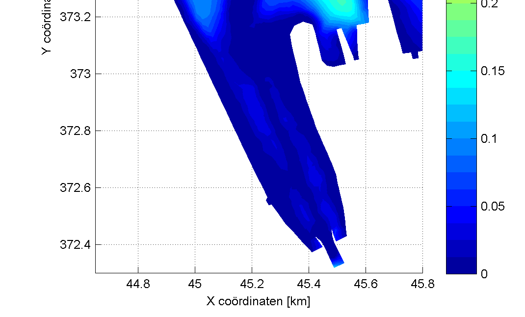 Figuur 8-10 Aanslibbing (in m) na één maand simulatie in geval van een simulatie met varende schepen.