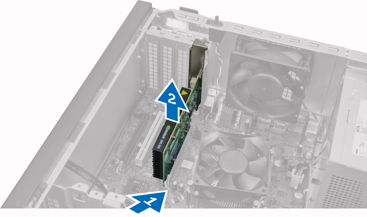 4. Trek de ontgrendelingshendel voorzichtig weg van de PCIe x16-kaart totdat u het vergrendelingslipje uit de inkeping de kaart heeft losgemaakt.