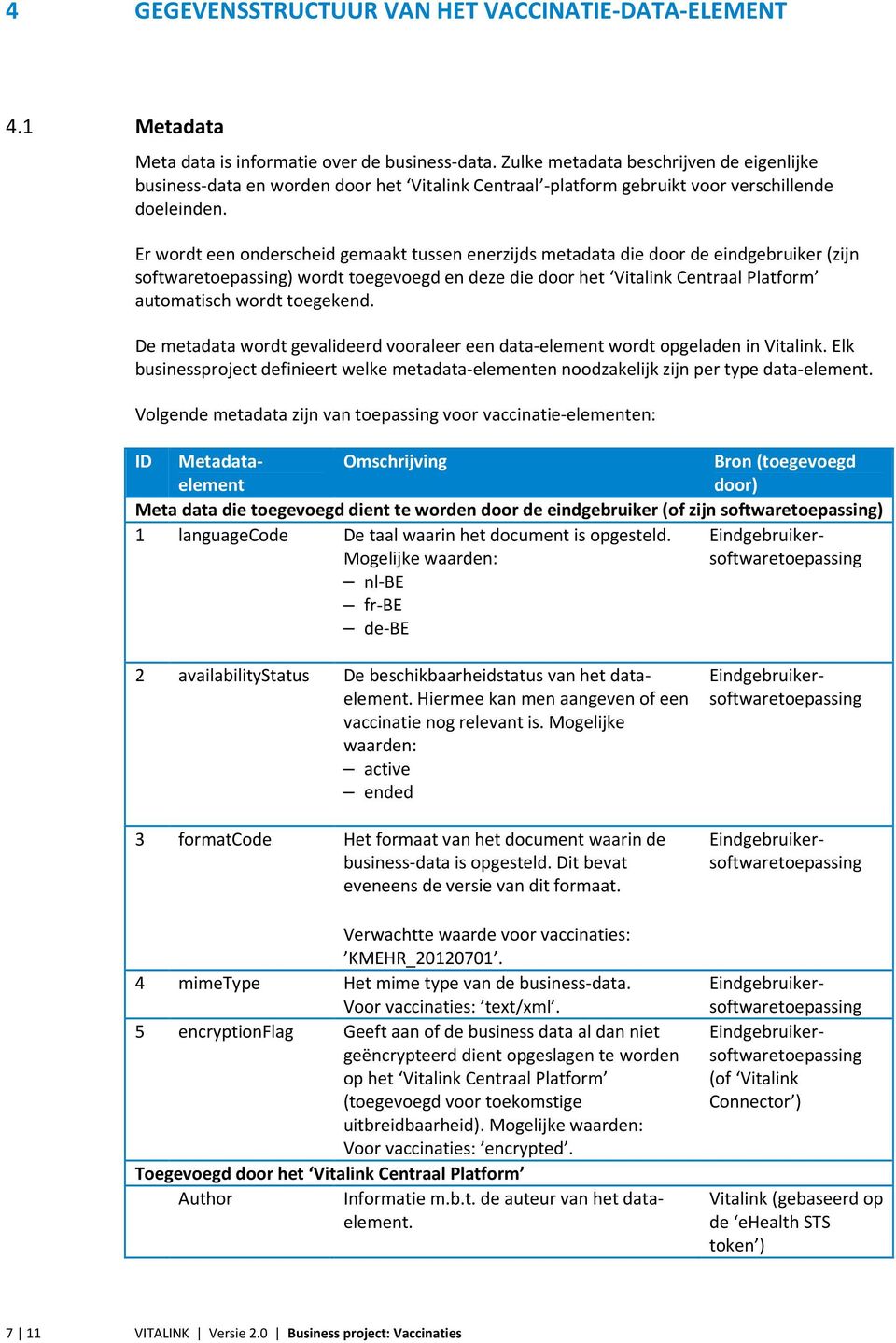 Er wordt een onderscheid gemaakt tussen enerzijds metadata die door de eindgebruiker (zijn softwaretoepassing) wordt toegevoegd en deze die door het Vitalink Centraal Platform automatisch wordt