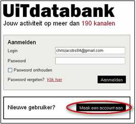 2 Registreren en aanmelden 2.1 Online registreren Om je aanbod in de UiTdatabank in te voeren, maak je eerst een eigen gebruikersaccount aan door je op de homepagina te registreren.