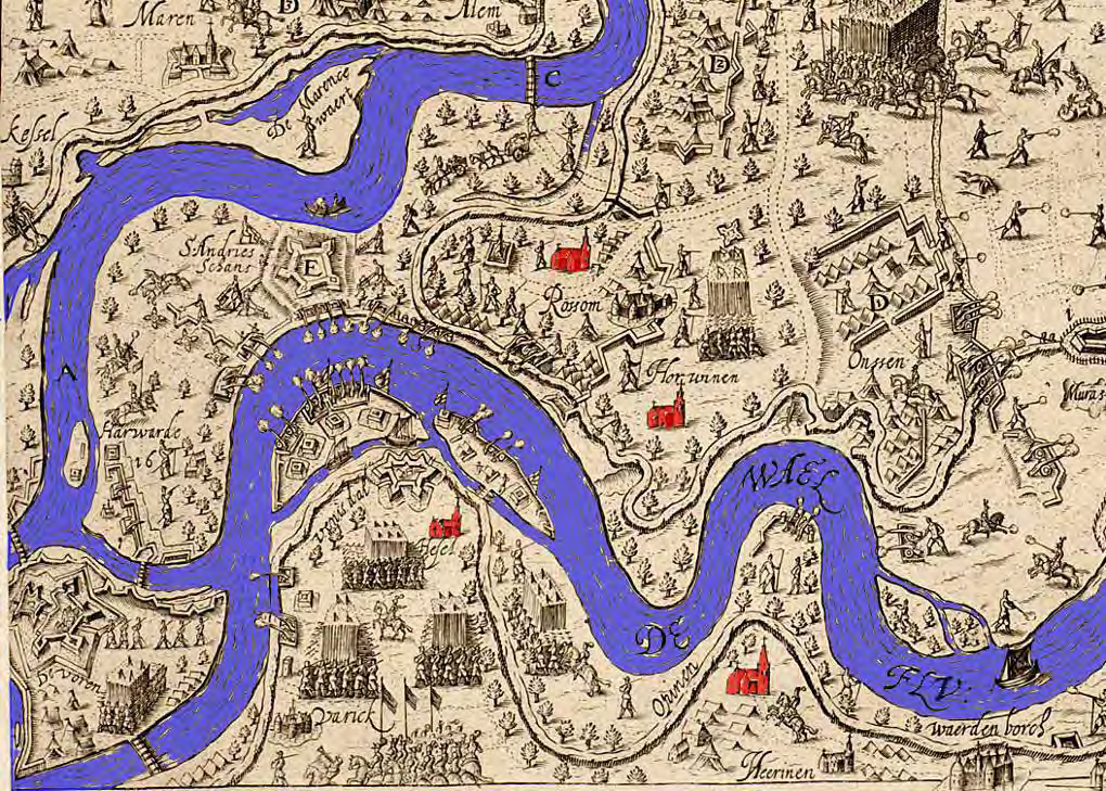 Figuur 3. Op de oudste bekende kaart van 1599 is het bochtige verloop van de Waal nog goed zichtbaar.