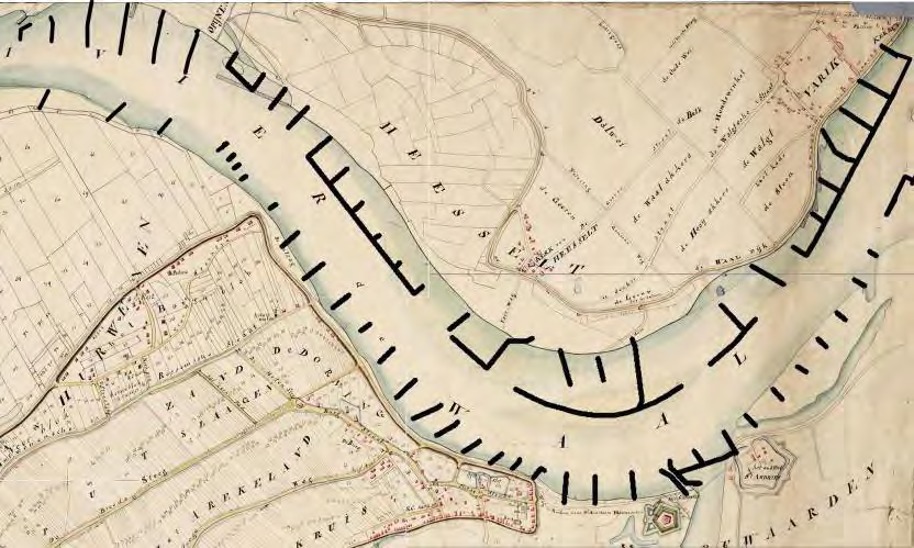 De getemde Waal (20 e eeuw) In de kaart van 1872 (figuur 8) is met een stippellijn de breedte van de nieuwe bedding van na de riviernormalisatie aangegeven.