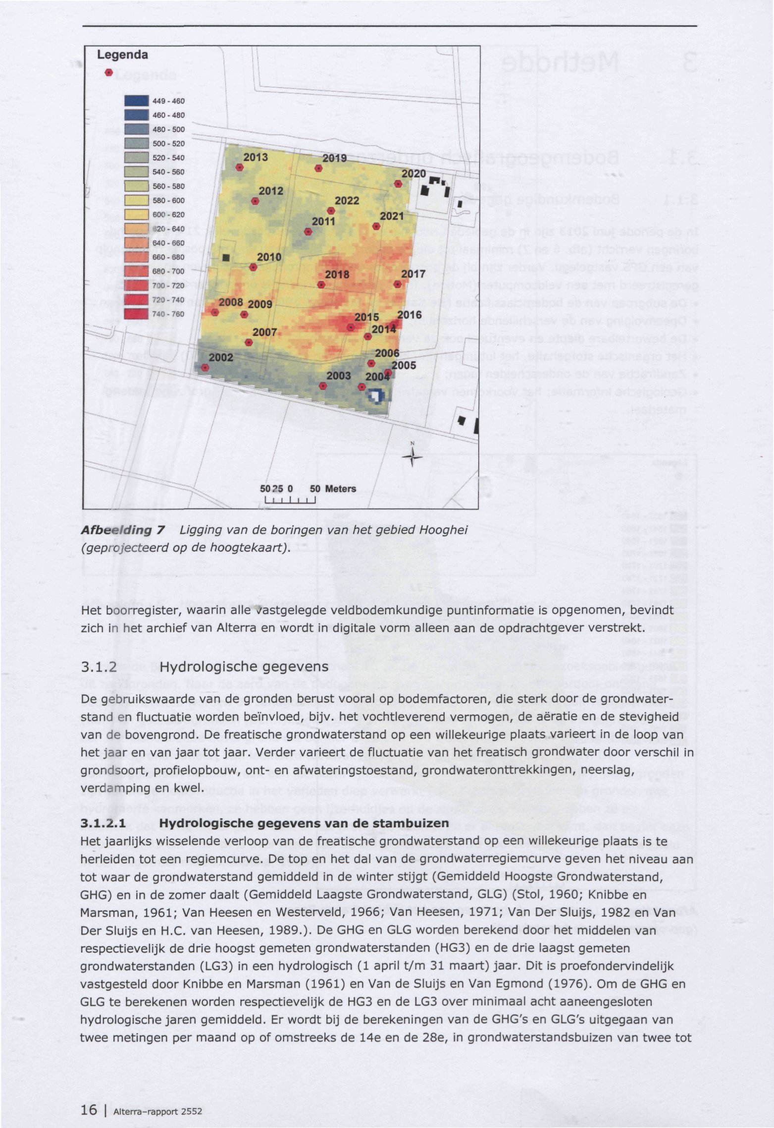 Afbeelding 7 Ligging van de boringen van het gebied Hooghei (geprojecteerd op de hoogtekaart).
