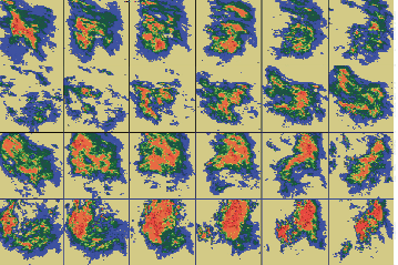 Figuur 1 : Radarbeelden tonen duidelijk de vorm en structuur van neerslagbuien. Deze reeks beelden geeft informatie voor ieder uur van 8.00u op 06/03/1998 tot 8.00u op 07/03/1998.