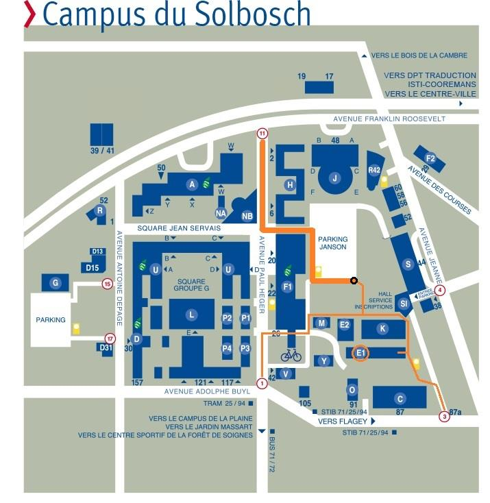 Adres + plan van de 3 de manche HALL DES SPORTS DE L ULB - Campus Solbosch Sporthal = gebouw E1 1050 Brussel Ligging : tussen het kerfhof van Elsene en Ter Kamerenbos MIVB: Tram 25 en 94, bus 72 en