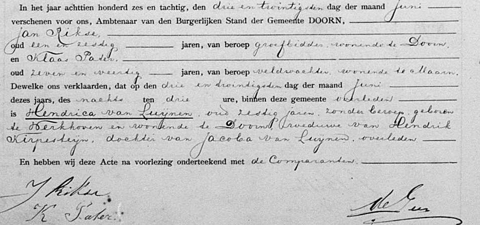 BS Driebergen (scan Family Search) Kind: Hendrik Kirpesteijn Geboortedatum: donderdag 8 maart 1821 Vader: Aart Kirpesteijn Moeder: Teuntje Kwint BS Doorn (scan Family Search) Op 30-05-1870 is te