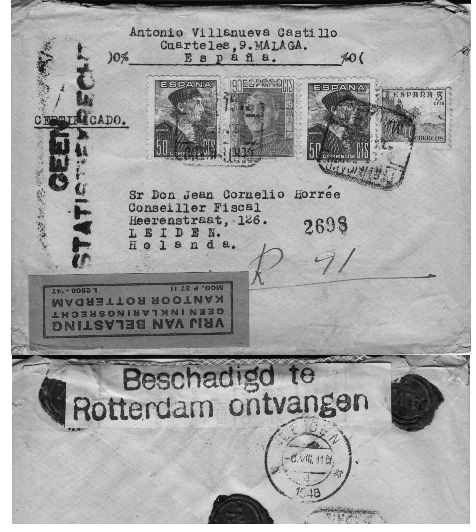 Voorkant en achterkant brief uit Malaga Aangetekende brief (certificado) van Malaga in Spanje naar Leiden van 1 augustus 1948.