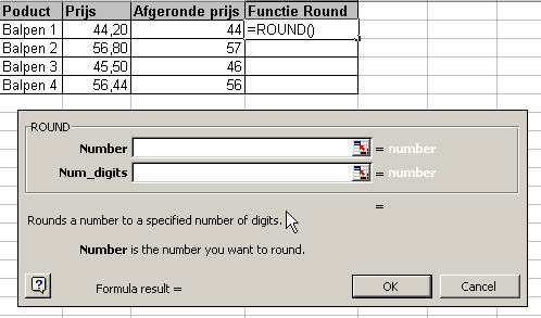 Functies gebruiken DE FUNCTIE ROUND (AFRONDEN) Rondt een getal af op het opgegeven aantal decimalen Syntaxe : ROUND (Number ; Num_digits ) Betekenis