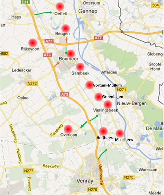 Kernen bereikbaar Afgezien van het wegvak van de St Anthonisweg tussen de aansluiting met de A73 en Saxe Gotha en het gedeelte van de Provincialeweg tussen de aansluiting A77 en Sterckwijck,