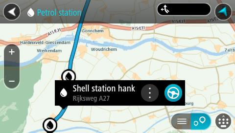 3. Selecteer een benzinestation op de kaart of in de lijst. Er wordt een pop-upmenu geopend met de naam van het benzinestation. 4. Selecteer Rijd op je navigatiesysteem.