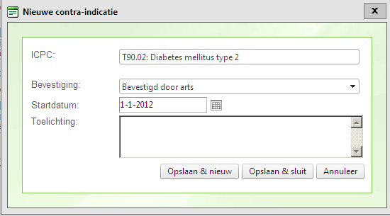 Ten slotte kunt u de (afgeleide) contra-indicaties invoeren (), zie ook onderstaand voorbeeld.