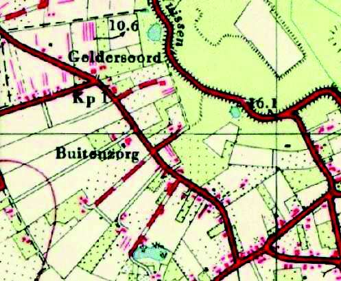 Figuur 4: Historisch kaartmateriaal uit respectievelijk 1811-1832, 1830-1850, 1906 en 1957, met in het rood bij benadering het plangebied aangegeven (Bron: www.watwaswaar.nl).