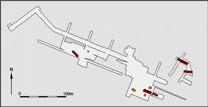 Rhenen Larikshof 15 Figuur 3.2 Schematisch overzicht van de opgraving Remmerden. De huisplattegronden zijn aangegeven in rood, de bijgebouwen oranje.
