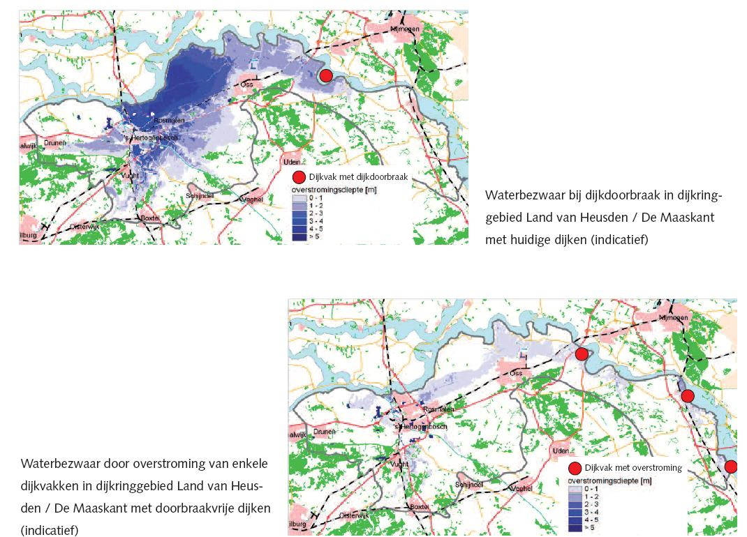 Figuur 2.3 Verschil in waterdiepte en overstroomd gebied na een doorbraak (boven) en overlopen van dijken langs de Maas bij een afvoer van 4600 m 3 /s.