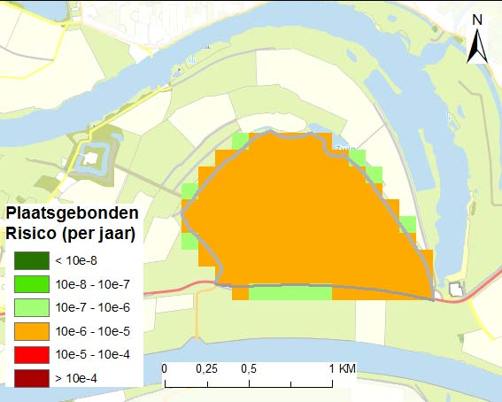 Figuur 24: Het plaatsgebonden risico (PR) in dijkringgebied 37 Lokaal individueel risico (LIR) Het lokaal individueel risico (LIR) is de kans per jaar dat een persoon die zich permanent op een