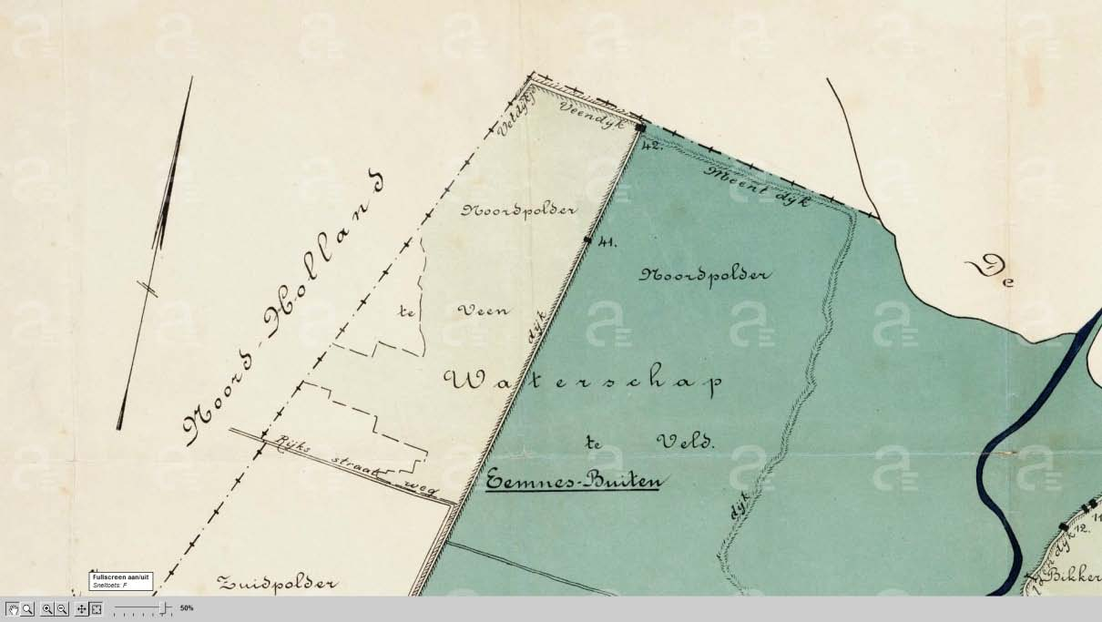 Figuur 9: Uitsnede van de Kaart van het overstroomde gebied veroorzaakt door den stormvloed van 13/14 Januari 1916 met daarin aangegeven de locatie van de bres in de Meentweg (nr. 41) [6].