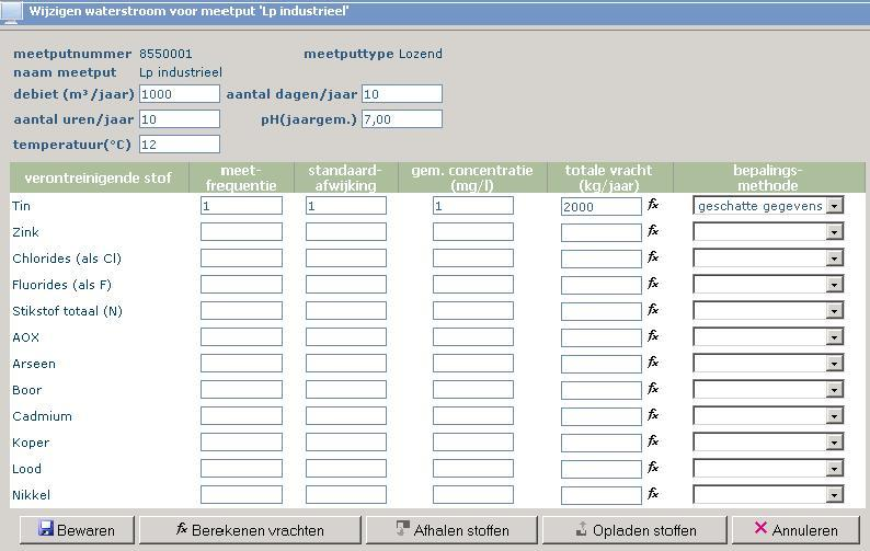 In dit scherm dient u volgende zaken in te vullen: Debiet: het jaardebiet (m³) dat het bedrijfsterrein verlaat langs dit lozingspunt Aantal dagen per jaar: het aantal dagen per jaar dat er lozing