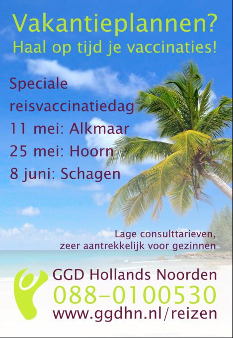 6 Reisvaccinatiedag De reisvaccinatiedag in Alkmaar vindt plaats op woensdag 11 mei van 15:45 19:30 bij GGD Hollands Noorden, locatie Alkmaar (bij station Alkmaar Noord).