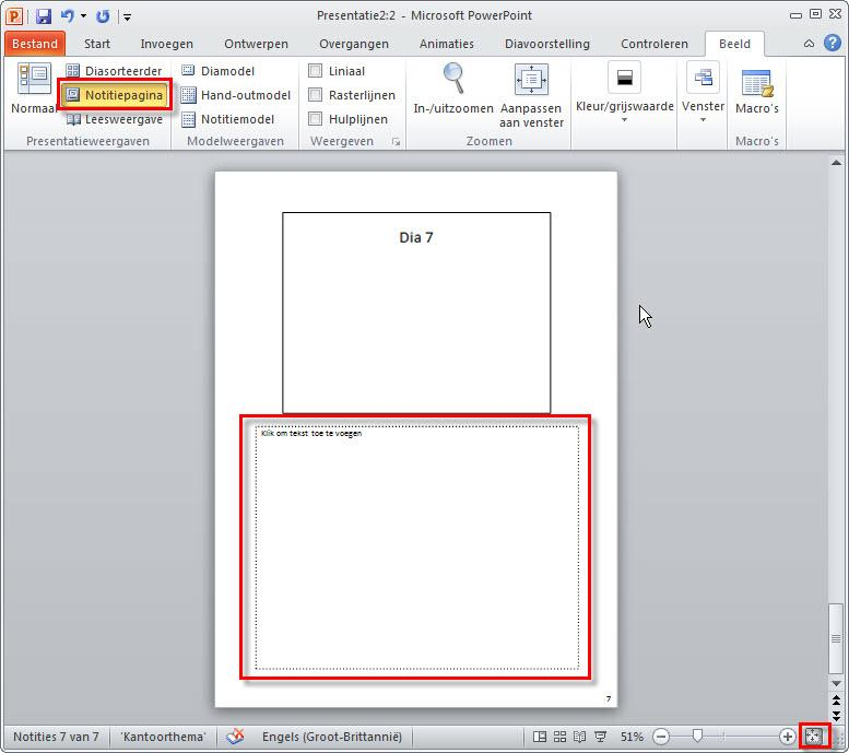 Notitie Pagina toont een dia per keer met een tekstvak om een notitie op te nemen in handouts of die door de presentator wordt gebruikt: Leesweergave (alleen 2010 ) verwijdert alle panelen behalve de