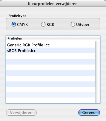 PROFIELBEHEER 12 Profielen verwijderen U kunt om het even welk aangepast RGB-, CMYK- of uitvoerprofiel verwijderen van de Splash RPX-ii.