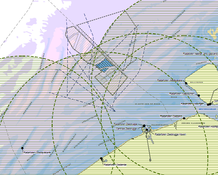 Figuur 5-4 Secundaire navigatieroutes en LoS van de radarinstallaties voor een objecthoogte van 10 m Uit deze figuren volgt dat er zich feitelijk geen verschil zal voordoen in de waarneembaarheid