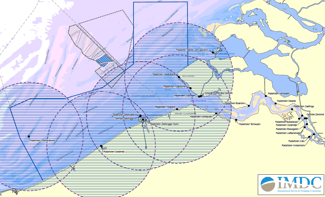 Figuur 5-7 LoS bereik van de SRK radarstations, bij een masthoogte van de windturbines van 100