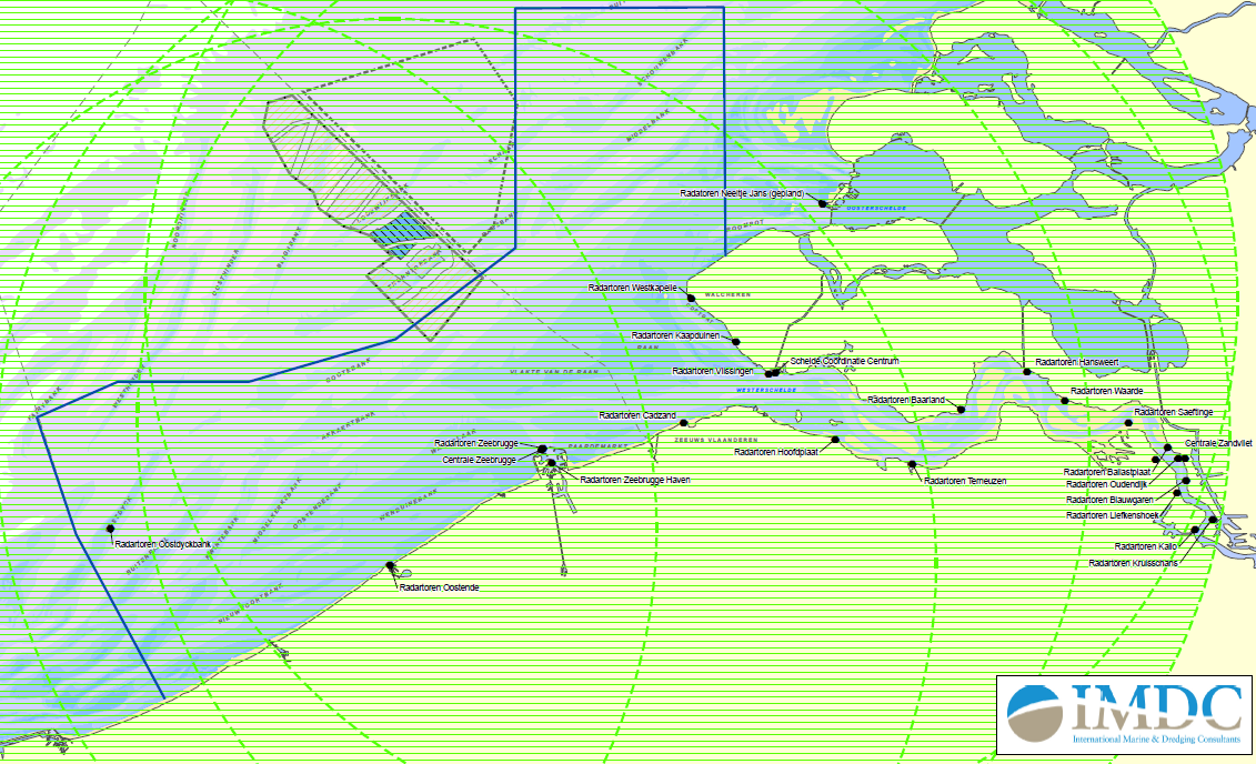 Figuur 5-11 RCS bereik van de SRK radarstations, bij een RCS van 100 m² Uit bovenstaande analyse en grafieken volgt dus dat voor objecten met een zeer kleine RCS (< 1 m²), de gevoeligheid van de