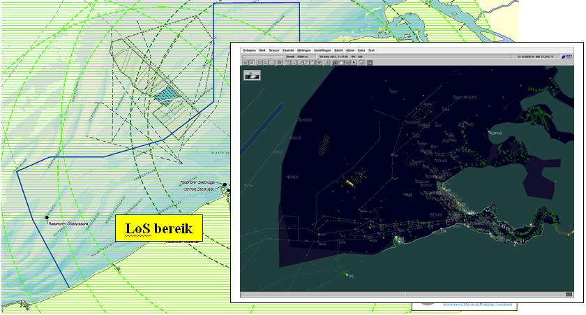 Figuur 5-24 Radarbereik bij RCS = 100 m² en LoS objecthoogten van 10 m en 20 m, Westkapelle Voor het radarstation van Westkapelle, blijft de impact beperkt tot een vermindering in zichtbaarheid voor