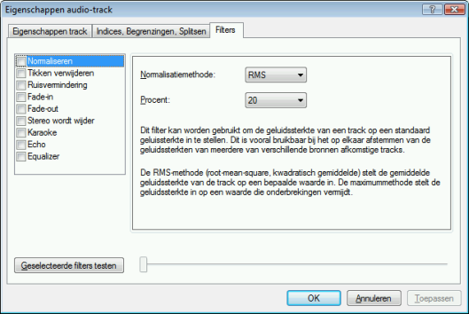 Muziek Het venster Eigenschappen audio-track, tabblad Filters De volgende configuratieopties zijn beschikbaar in het venster Eigenschappen audio-track: Normaliseren Tikken verwijderen