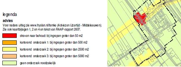 Fig. 14: uitsnede advieskaart Archeologisch basisonderzoek (bron: RAAP-rapport 2607) Voor de periode IJzertijd-Middeleeuwen geldt op basis van de advieskaart van het Archeologisch basisonderzoek het