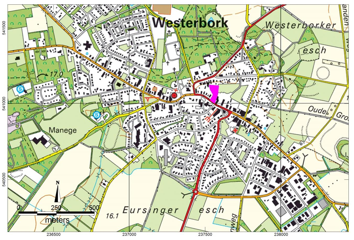 Afbeelding 1. Plangebied (paars) op een topografische kaart. 4 2.4 Voorziene ontwikkeling Binnen het plangebied is de bouw van een woning (landhuis) voorzien.