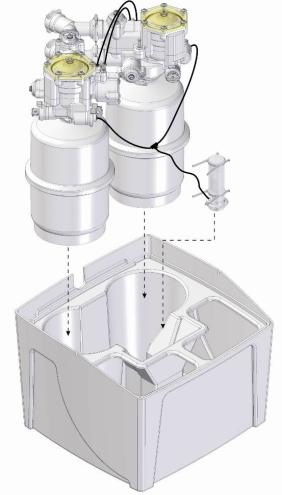 2. Verbind de Brine Valve met de waterontharder. Verbind hiervoor het T-stuk, dat de leidingen van de 2 units met elkaar verbind, met de pekelklep (#5) door middel van een flexibele leiding van 4mm.