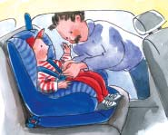 Wie is er goed beschermd in de auto? :-( :-) Marieke zit op mama s schoot. :-) :-( Thomas staat recht tussen de twee zetels. Mathias is goed beschermd.