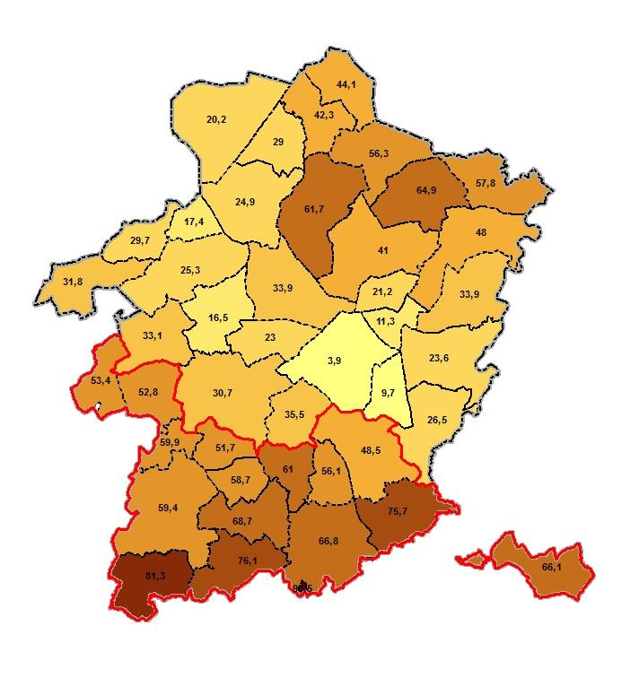 gebied heeft een oppervlakte van 76 313 hectare. Omgerekend is dit 65,00% van de oppervlakte. Ter vergelijking in de provincie Limburg is slechts 39% van de oppervlakte in agrarisch gebruik.