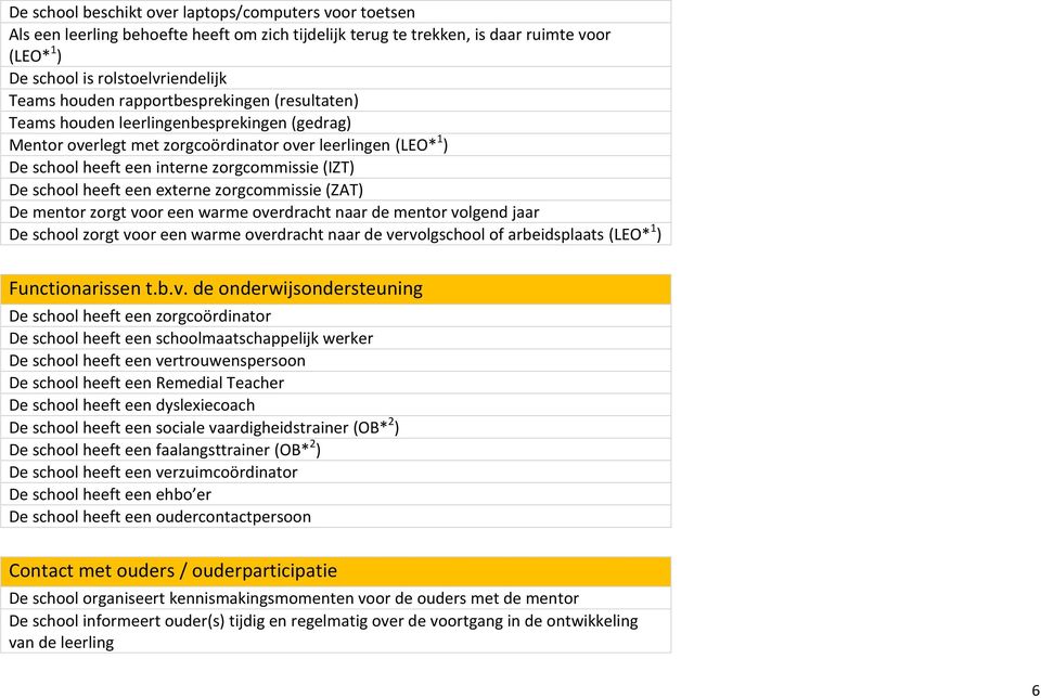 heeft een externe zorgcommissie (ZAT) De mentor zorgt voor een warme overdracht naar de mentor volgend jaar De school zorgt voor een warme overdracht naar de vervolgschool of arbeidsplaats (LEO* 1 )