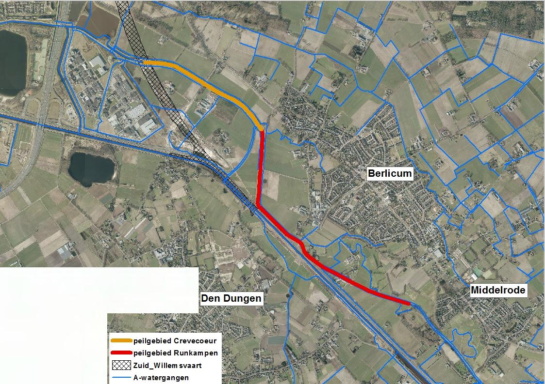 Figuur 3: Peilgebieden van de Aa Het peilgebied van stuw Runkampen: Stuw Runkampen houdt het gebied ten zuiden van de Hasseltse Dijk op peil. In de zomer is het peil 4,20 m+ NAP.