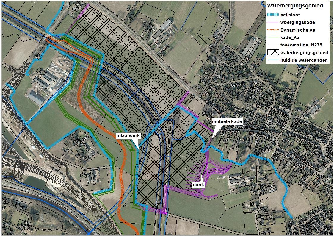 Uitwerking waterberging De waterberging wordt ingevuld in het landbouwgebied tussen de Hasseltsedijk, Beekveld en de kade van de Dynamische Aa.