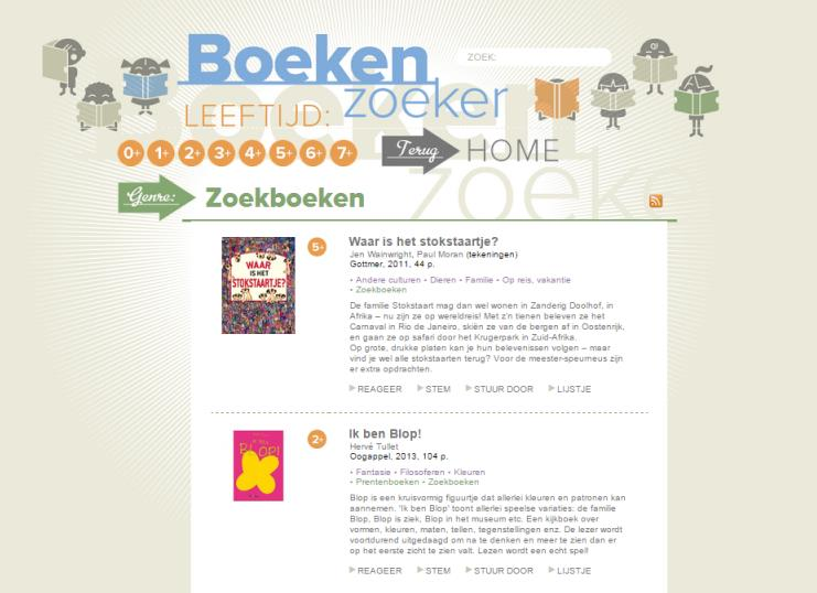 2.1.2. Een voorbeeld: Genre Stel: Je bent op zoek naar een zoekboek om in de klas te gebruiken. Klik op Zoekboeken onder de rubriek Genre.