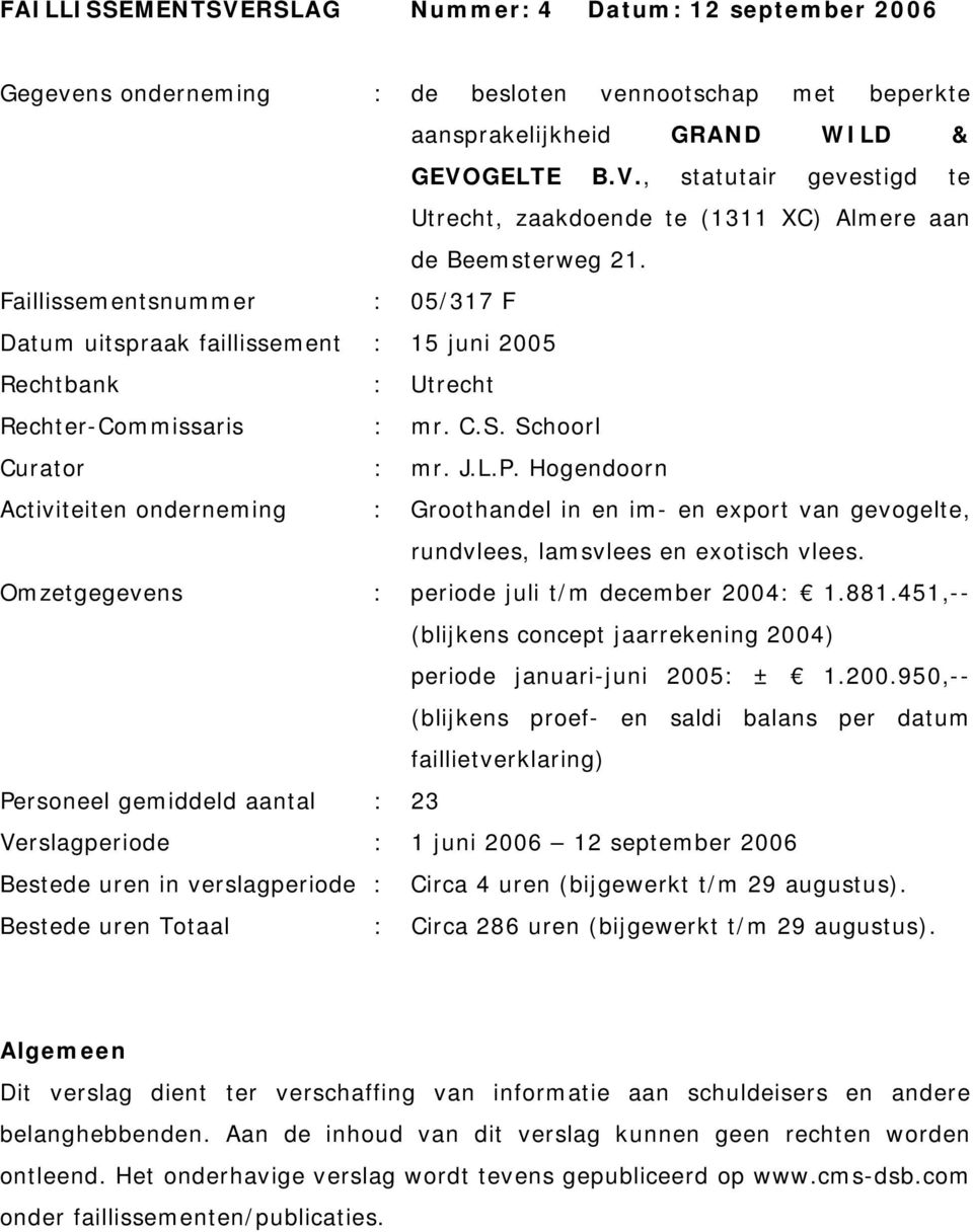 Hogendoorn Activiteiten onderneming : Groothandel in en im- en export van gevogelte, rundvlees, lamsvlees en exotisch vlees. Omzetgegevens : periode juli t/m december 2004: 1.881.