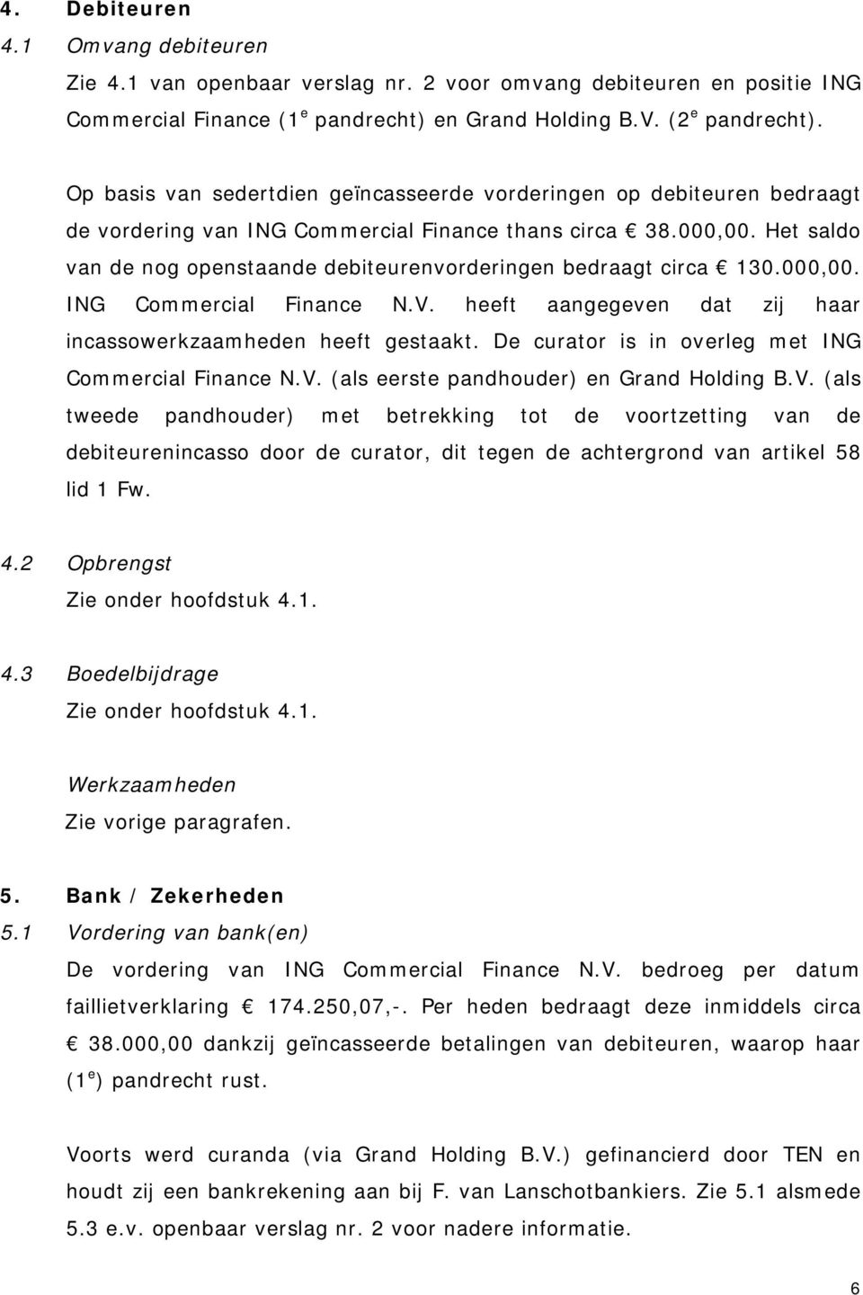 Het saldo van de nog openstaande debiteurenvorderingen bedraagt circa 130.000,00. ING Commercial Finance N.V. heeft aangegeven dat zij haar incassowerkzaamheden heeft gestaakt.