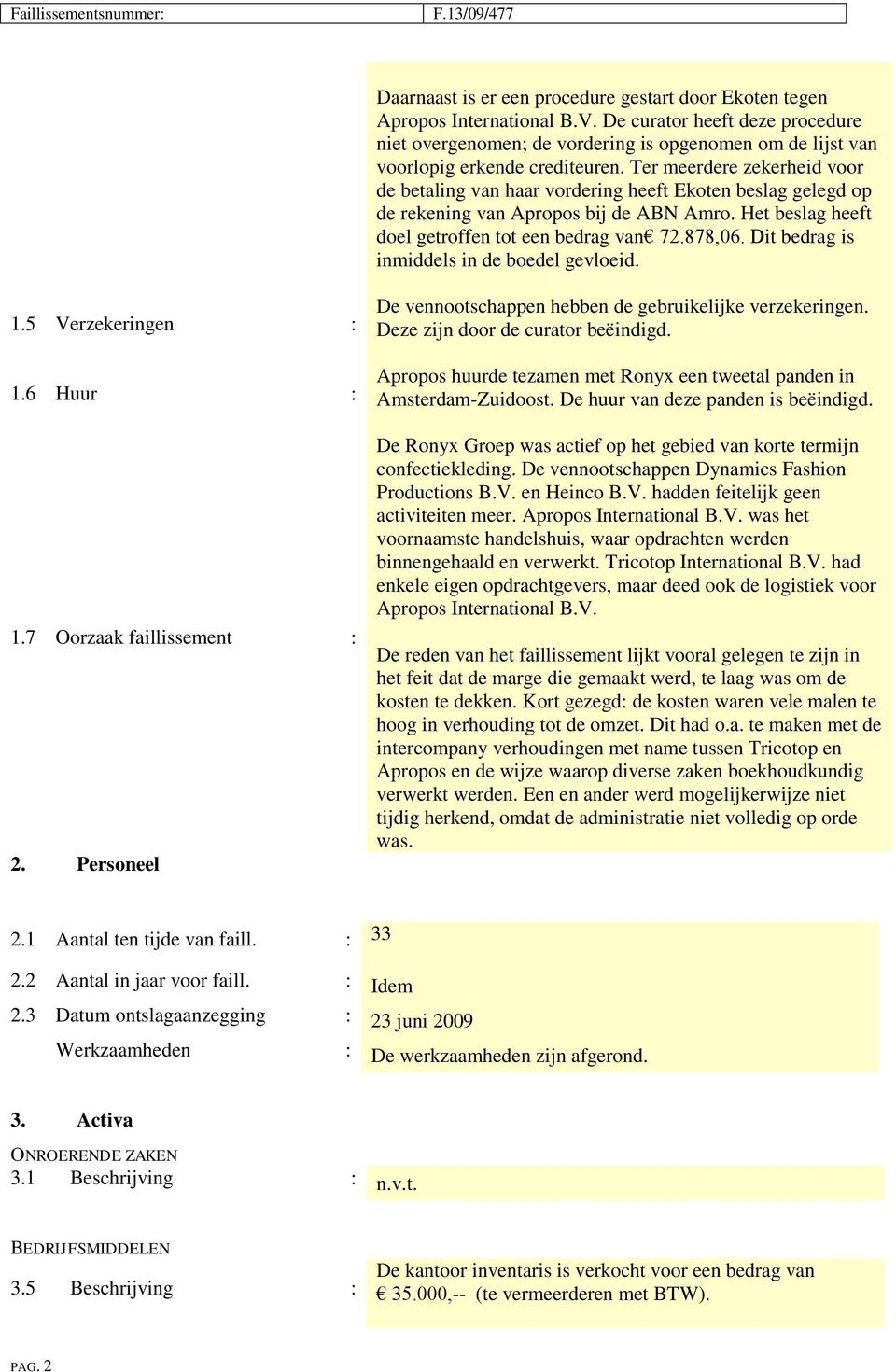 Ter meerdere zekerheid voor de betaling van haar vordering heeft Ekoten beslag gelegd op de rekening van Apropos bij de ABN Amro. Het beslag heeft doel getroffen tot een bedrag van 72.878,06.