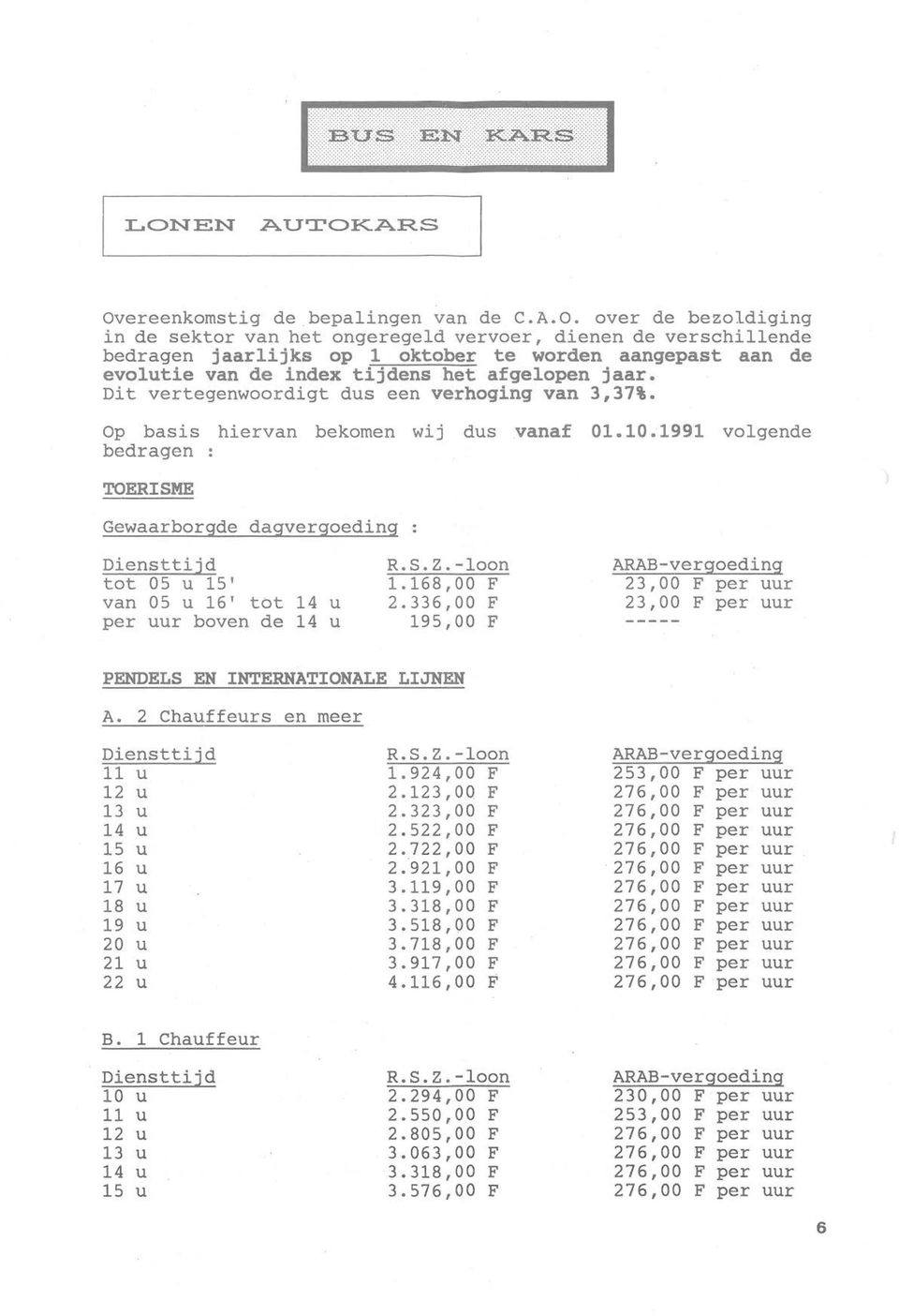 1991 volgende bedragen TOERSME Gewaarborgde dagvergoeding : Diensttijd tot 05 u 15' van 05 u 16' tot 14 u per uur boven de 14 u R.S.Z.-loon 1.168,00 F 2.