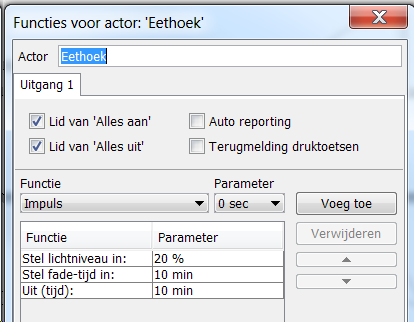 6.8 De verschillende acties Programmatie speciale functies Impuls Impuls + x-tijd Aan Aan + x-tijd Uit Uit + x-tijd Bij het drukken en nogmaals drukken gaat de actor aan/uit.