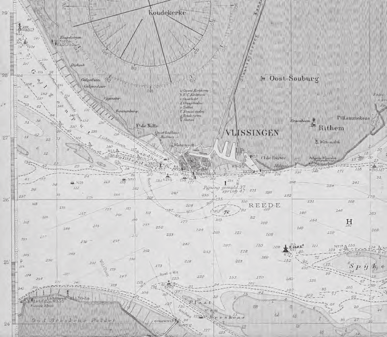 De monding van de Westerschelde; uitsnede van een rivierkaart, ca. 1910. (Historisch Topografische Atlas, Gemeentearchief Vlissingen) onderofficier van de wacht gehoord.