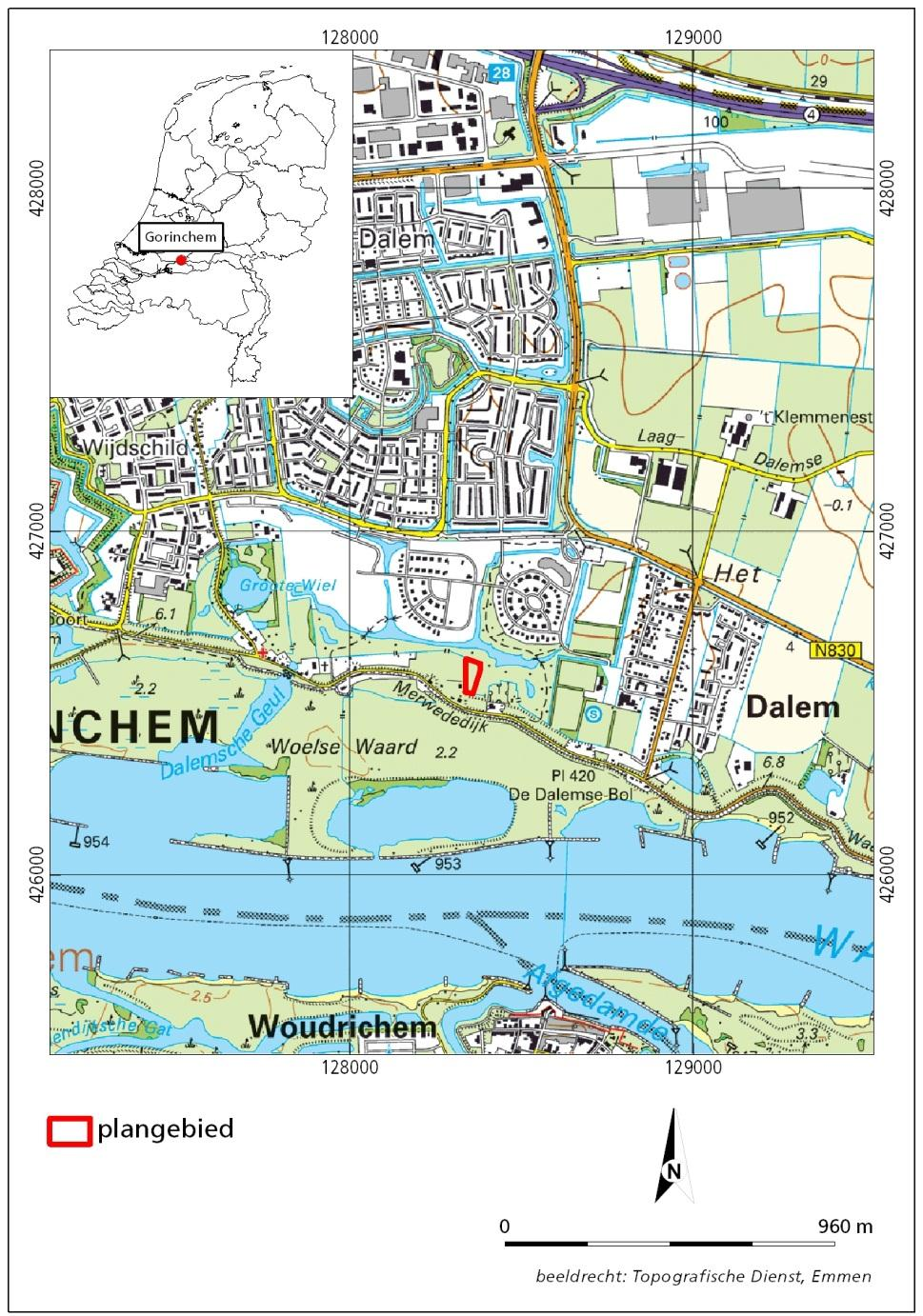 1.2 Ligging van het gebied Het plangebied ligt aan de noordkant van de Merwededijk tussen Gorinchem en Dalem.